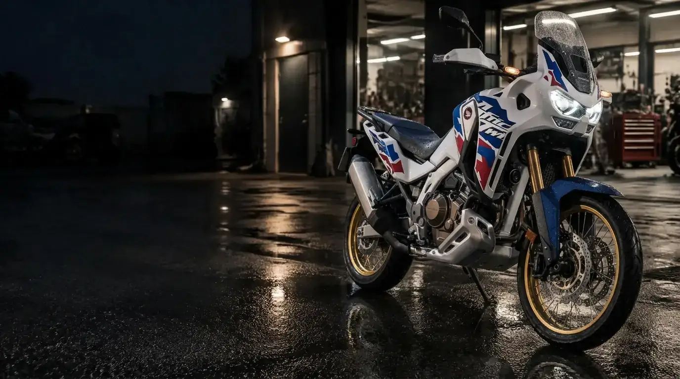 Honda Africa Twin ready for motorcycle repair diagnostics outside a workshop