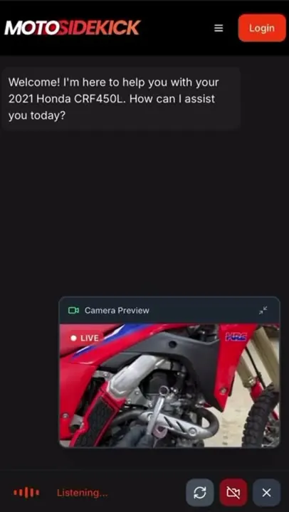 MotoSidekick app screen showing live expert motorcycle help